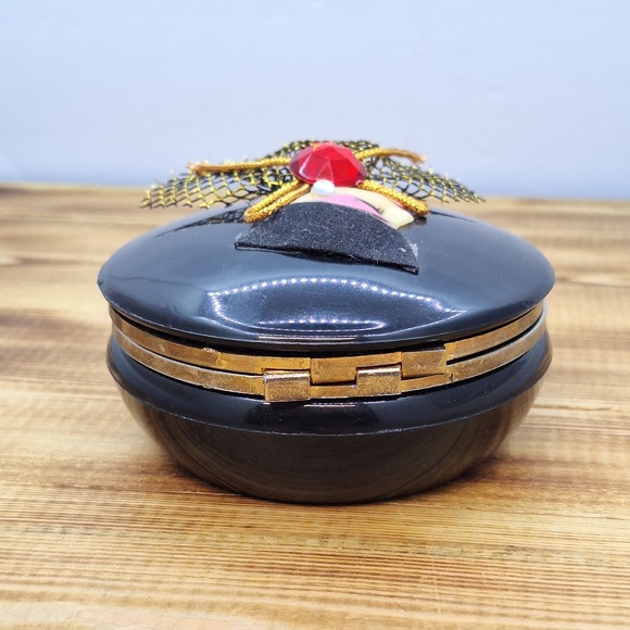 Vintage Chinese Jewelry/Trinket Box Black 4" Diameter Unique - Picture 4 of 10